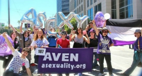 Photo d’un cortège asexuel portant un drapeau asexuel, une banderole marquée « AVEN — asexuality.org », et des ballons en forme de lettres qui composent ensemble le mot “asexy”.
