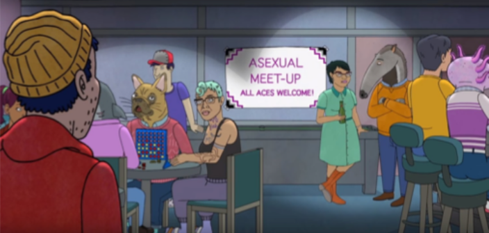 Image extraite de la série BoJack Horseman : Todd arrive à un rassemblement asexuel, où sont déjà présentes des personnes en tout genre ; au milieu, une pancarte annonce “All aces welcome!” (« Toutes les personnes aces sont les bienvenues ! ».